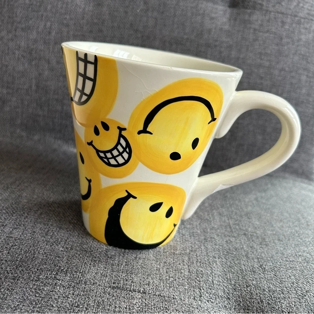 Smiley Face Emoji Covered Coffee Mug, Yellow, White, 15 oz